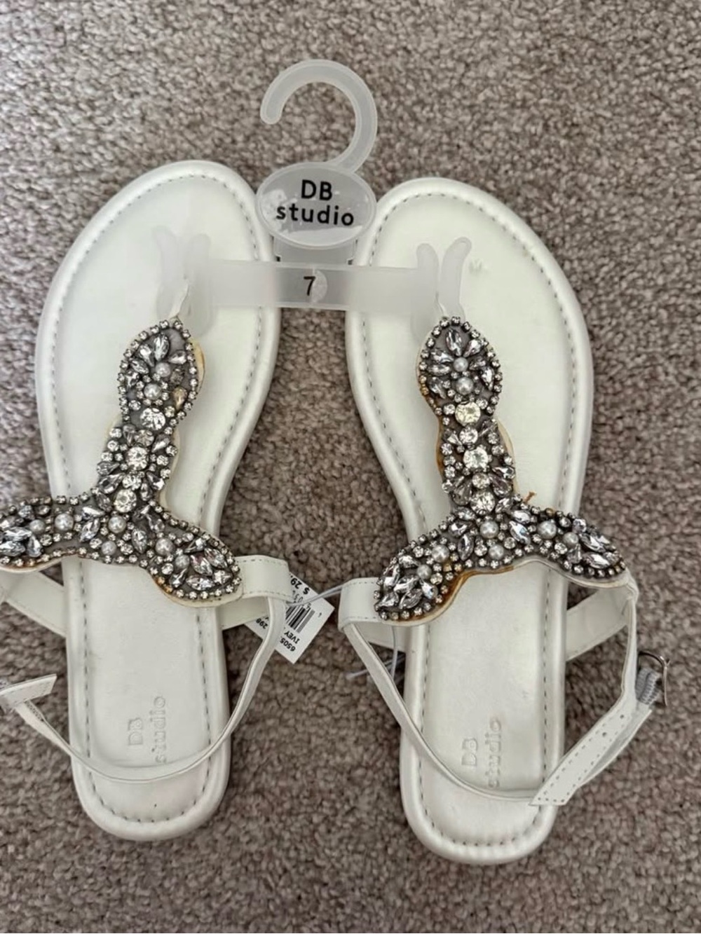 David's Bridal White Jeweled T-Strap Sandals